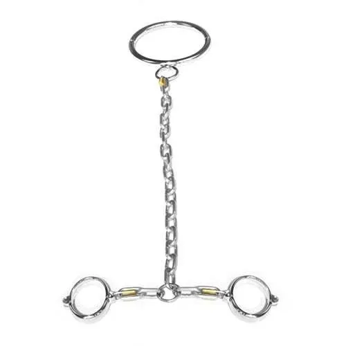 1847M-SIS      Sissy Boi Steel the Spotlight Domme Chrome Steel Collar to Wrist Dungeon Irons Cuffs and Padlocks Set