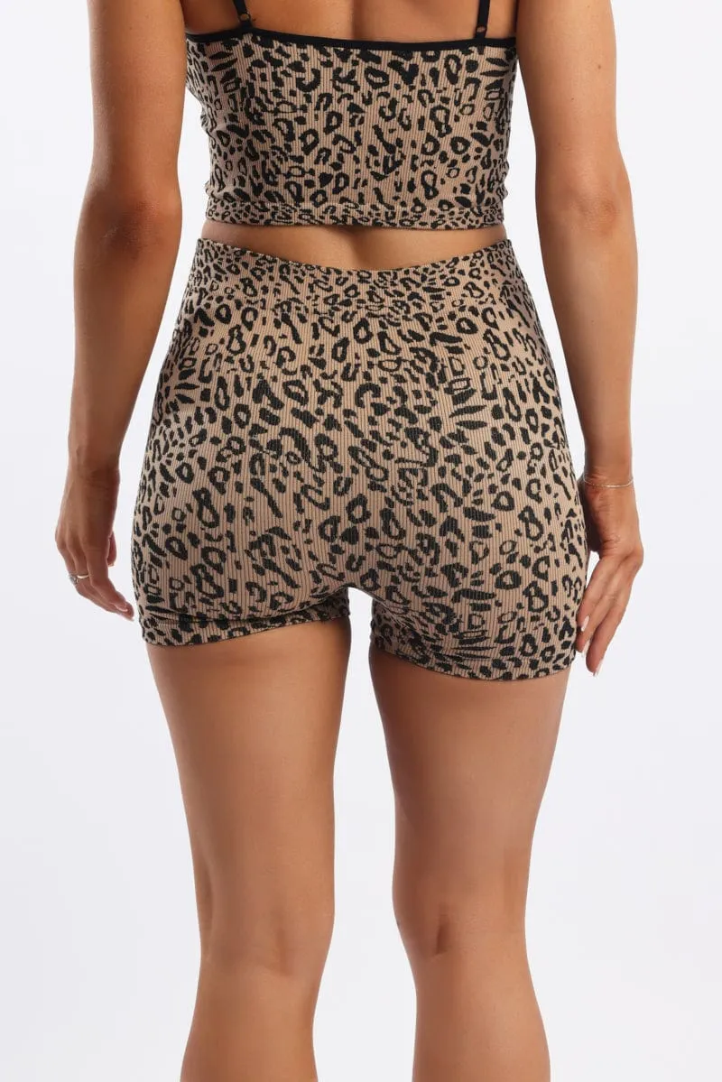 Brown Animal Print Biker Short Seamless
