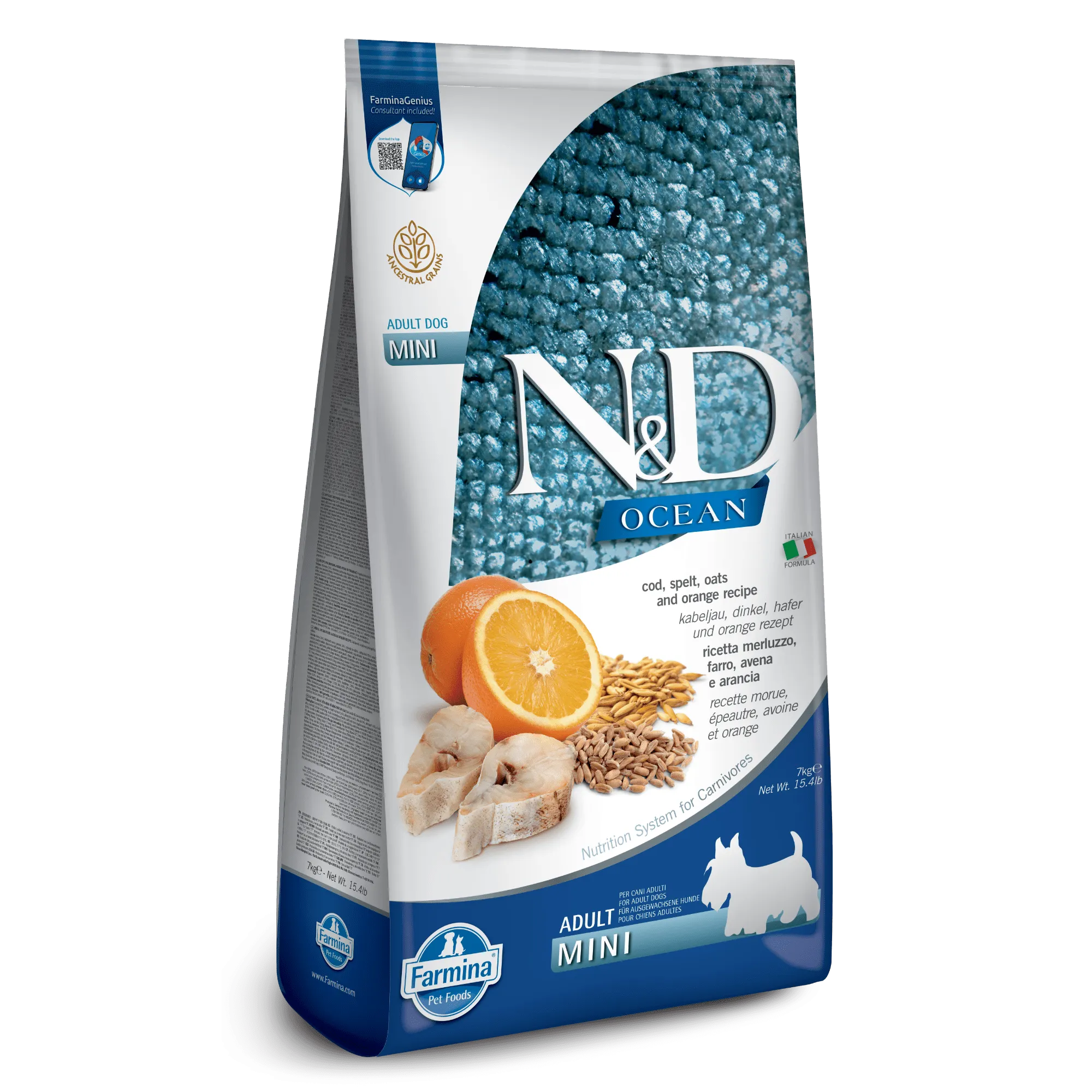 Farmina N&D Ocean Ancestral Grain Cod, Spelt, Oats & Orange Mini Adult Dry Dog Food
