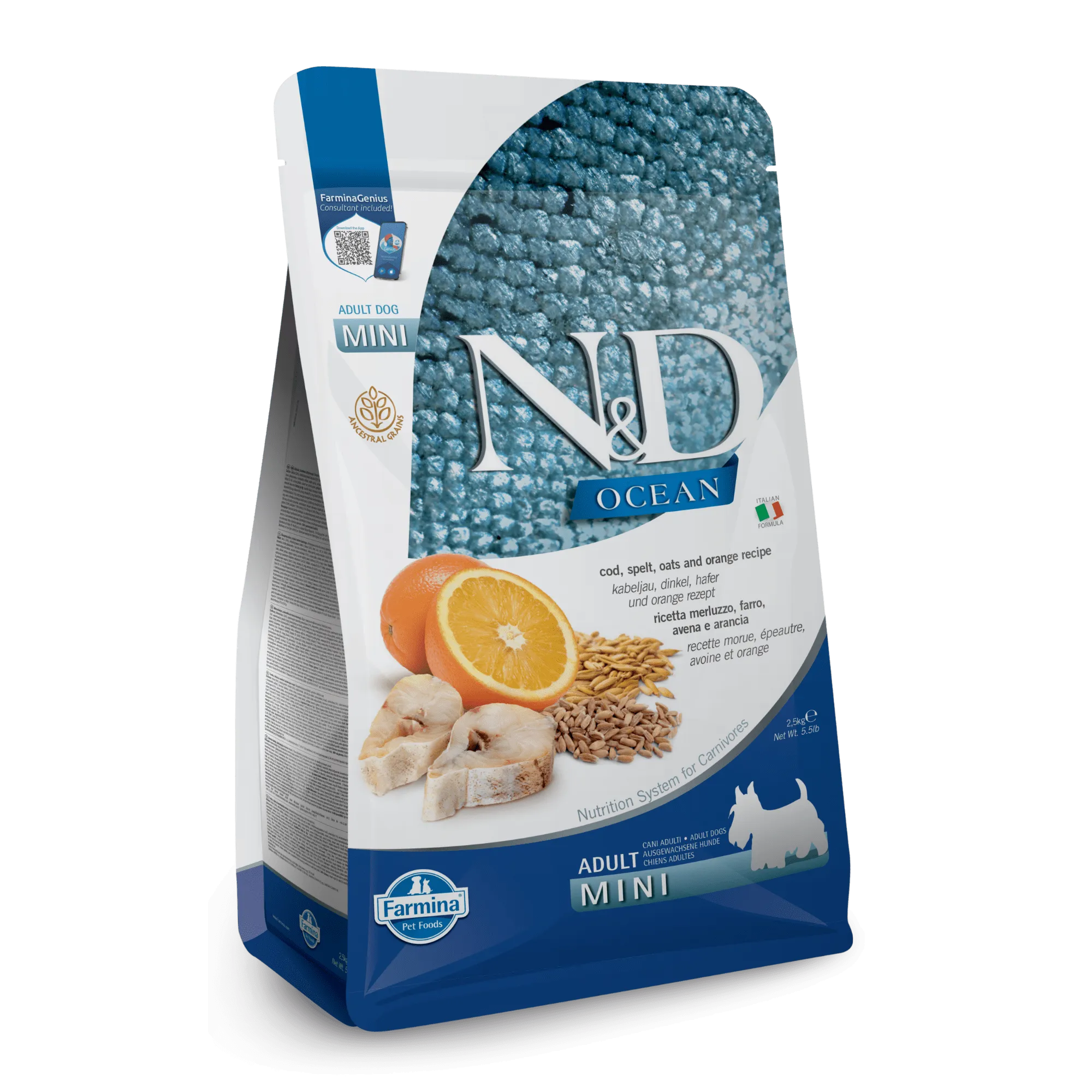 Farmina N&D Ocean Ancestral Grain Cod, Spelt, Oats & Orange Mini Adult Dry Dog Food
