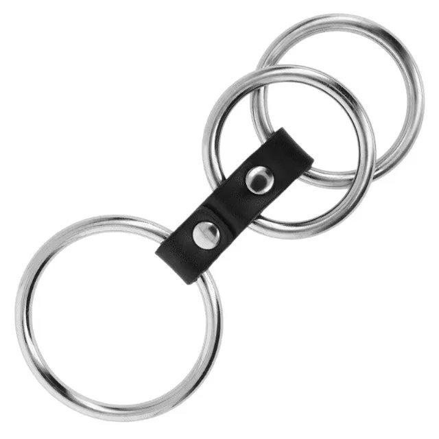 Inel pentru penis KINK Triple Metal Penis Ring. din piele cu 3 inele de metal. pentru jocuri erotice și BDSM. 3.7 - 5 cm. argintiu cu negru