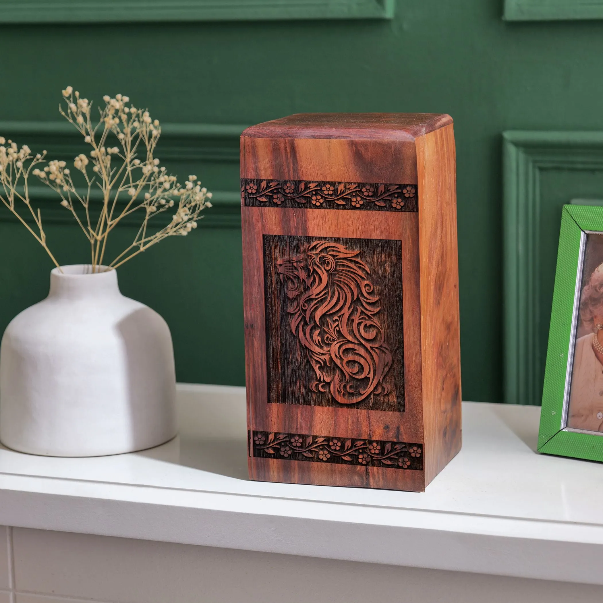 Lion Urn - Wooden Burial Cremains Container for Adults & Seniors