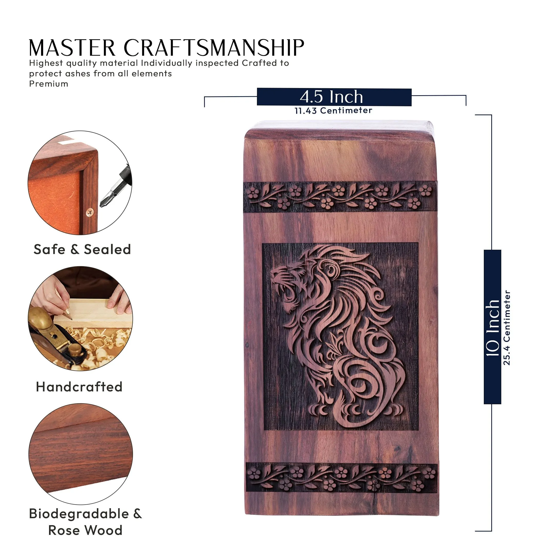 Lion Urn - Wooden Burial Cremains Container for Adults & Seniors