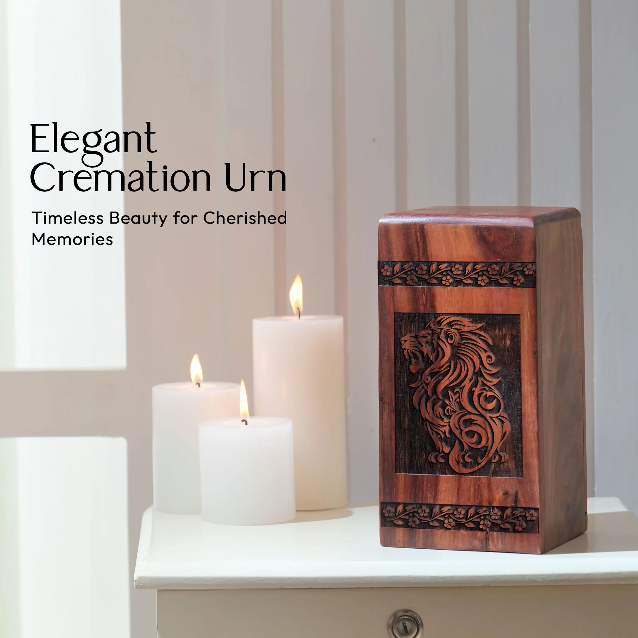 Lion Urn - Wooden Burial Cremains Container for Adults & Seniors