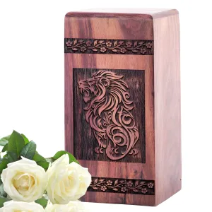 Lion Urn - Wooden Burial Cremains Container for Adults & Seniors