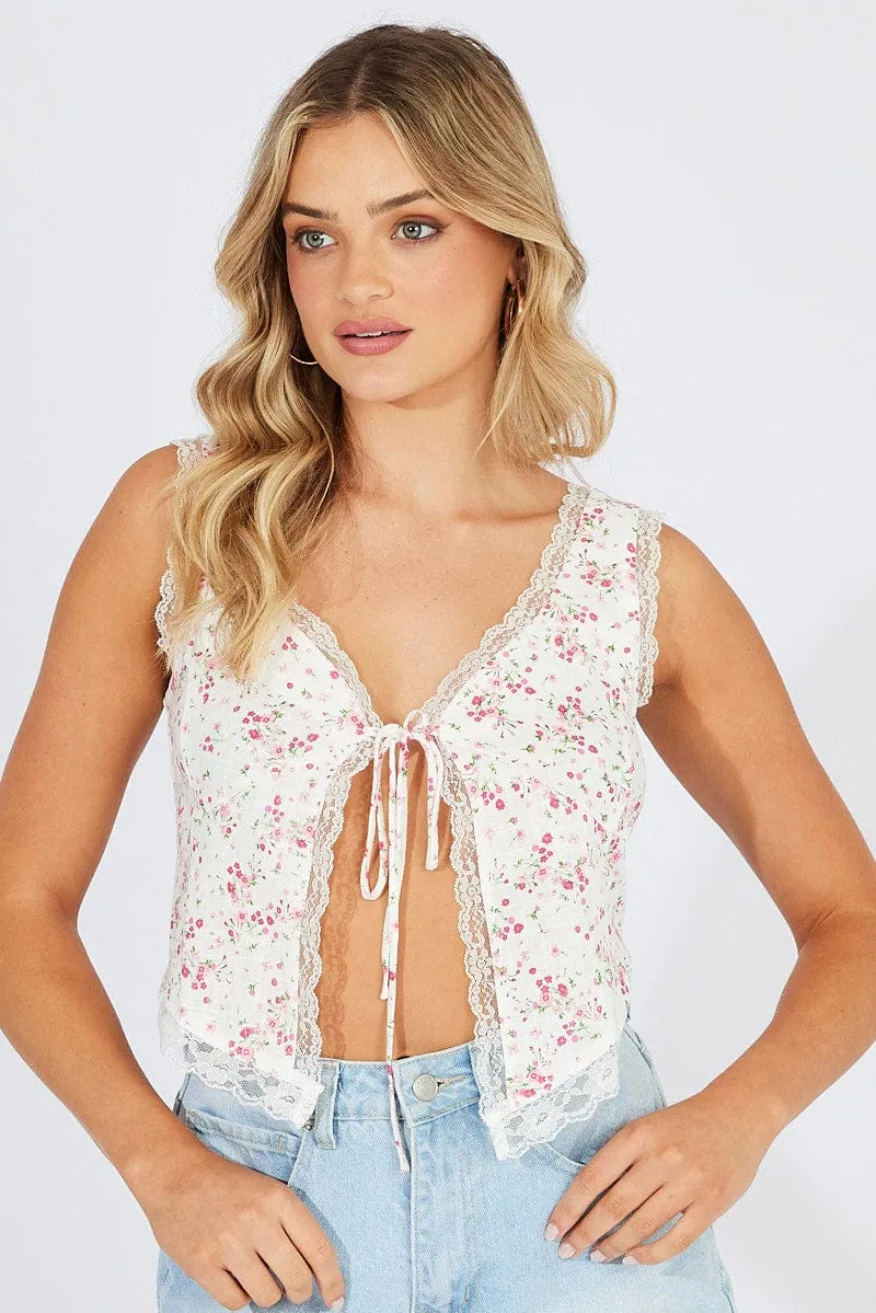 Pink Floral Tie up Front Top Sleeveless