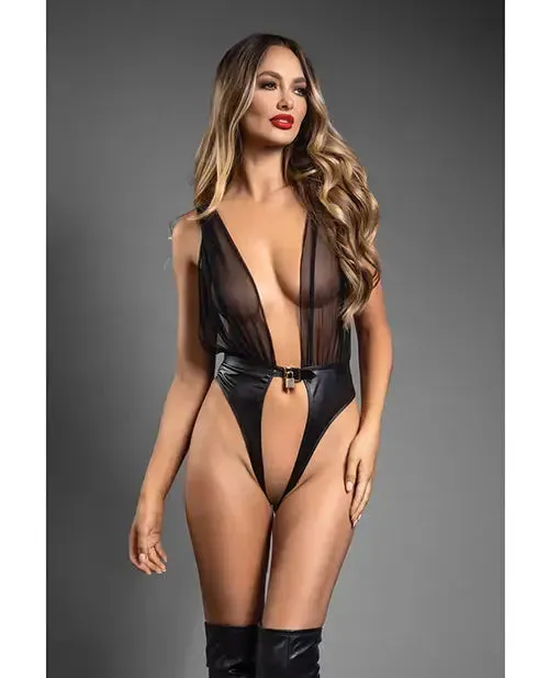 Plunge Front Sheer Mesh & Vegan Leather Lingerie BDSM Teddy w/Lock & Key - Black M/L