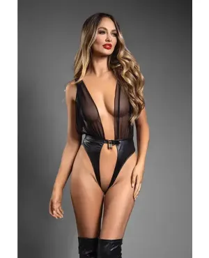 Plunge Front Sheer Mesh & Vegan Leather Lingerie BDSM Teddy w/Lock & Key - Black M/L