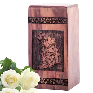 Unique Wood Wolf Urns for Adult Human Ashes, Large Funeral Cremation Container