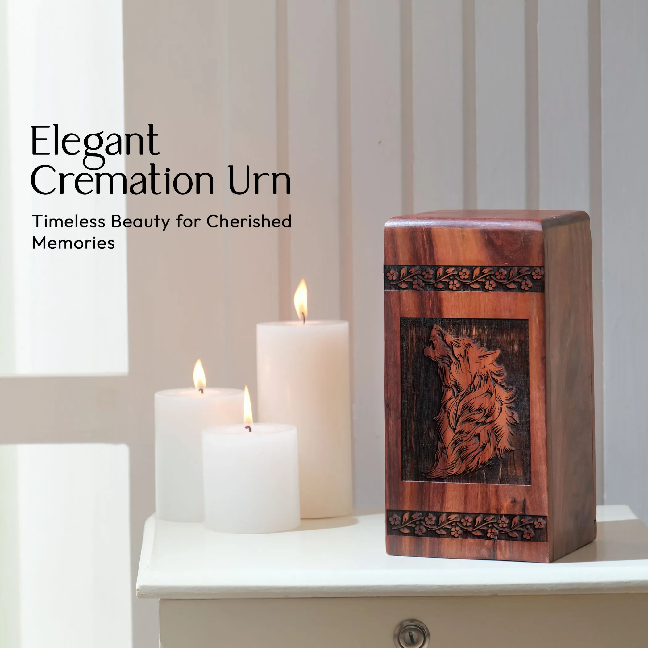 Unique Wood Wolf Urns for Adult Human Ashes, Large Funeral Cremation Container
