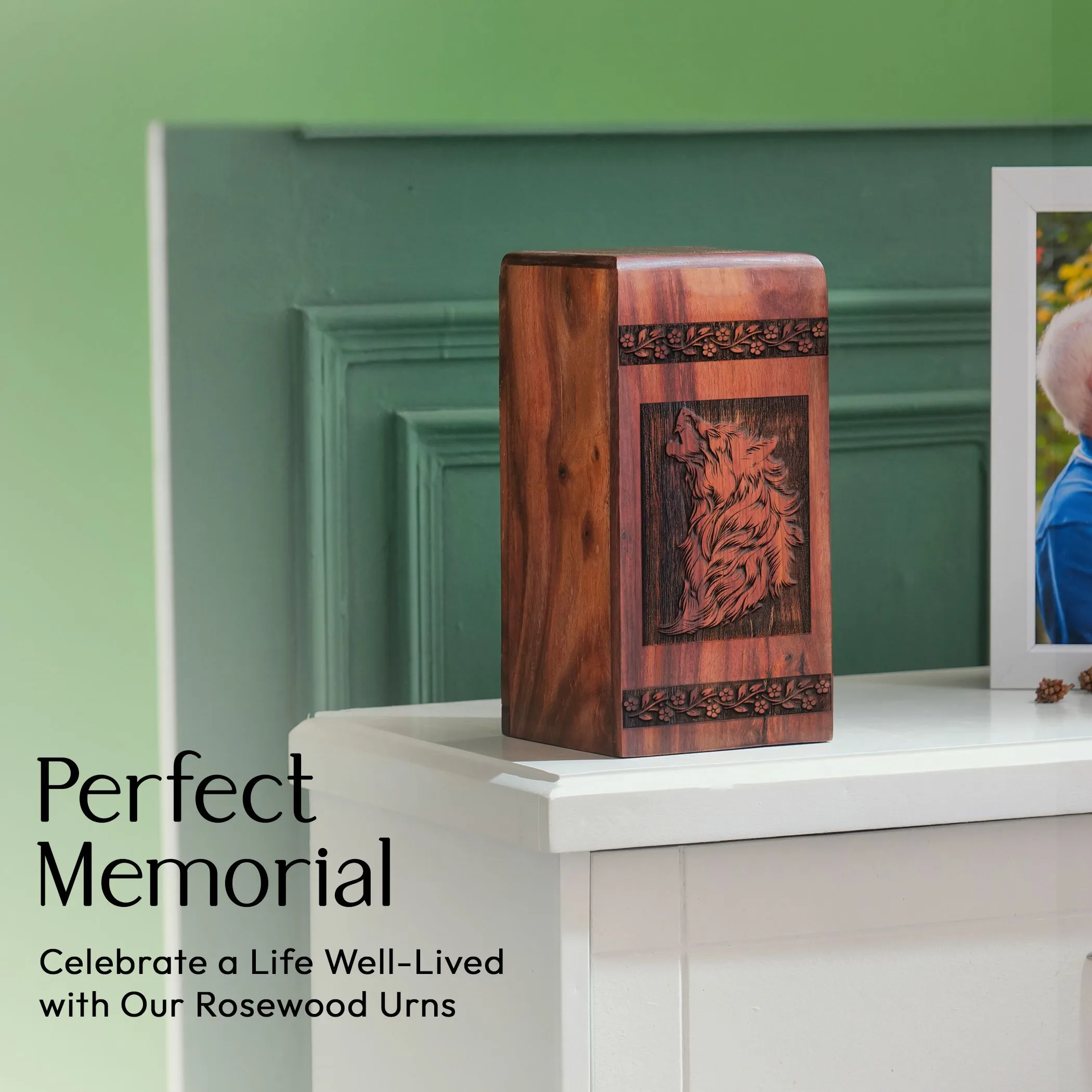 Unique Wood Wolf Urns for Adult Human Ashes, Large Funeral Cremation Container