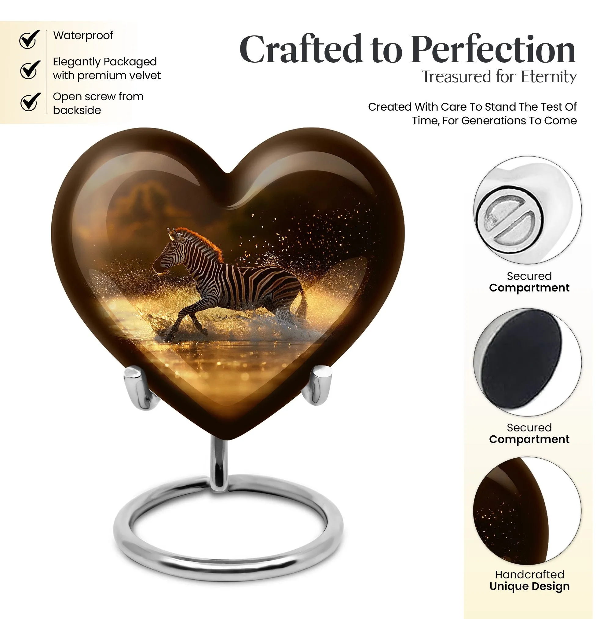 Zebra Memorial Heart Cremation Urn for Women's Tranquil Goodbye