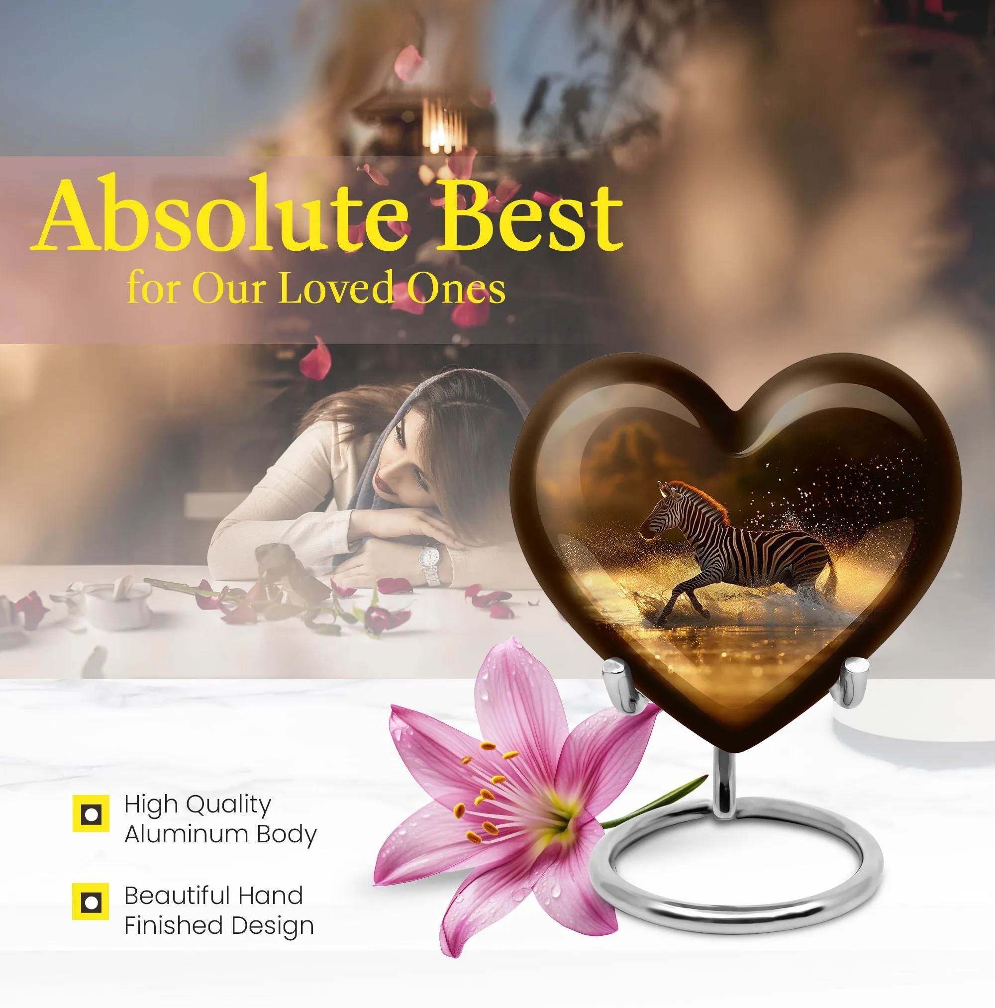 Zebra Memorial Heart Cremation Urn for Women's Tranquil Goodbye