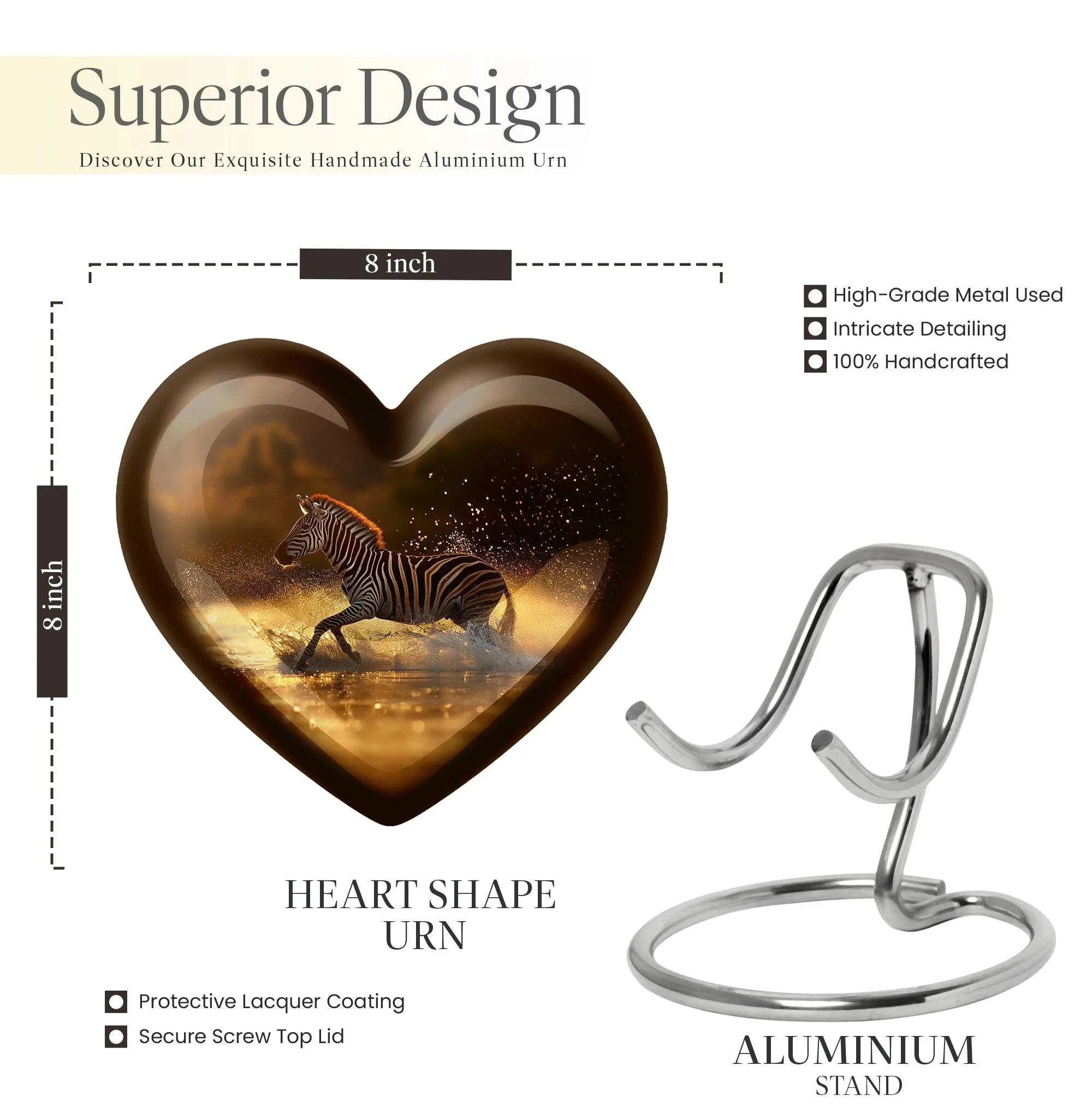 Zebra Memorial Heart Cremation Urn for Women's Tranquil Goodbye